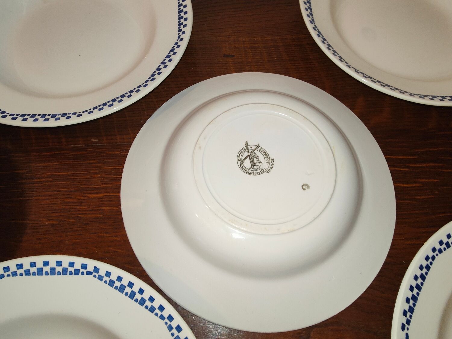 6 hollow plates Moulin des loups and Hamage Orchies France patterned 50s
