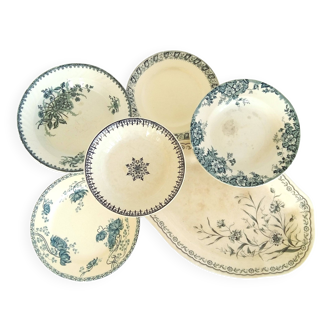 6 assiettes anciennes. Matériel de transfert français Ironstone. Collection d'assiettes antiques de la fin des années 1800