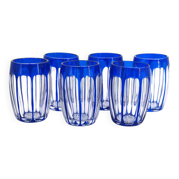 Saint Louis, 6 liqueur glasses, double blue crystal, excellent condition, Art Deco.
