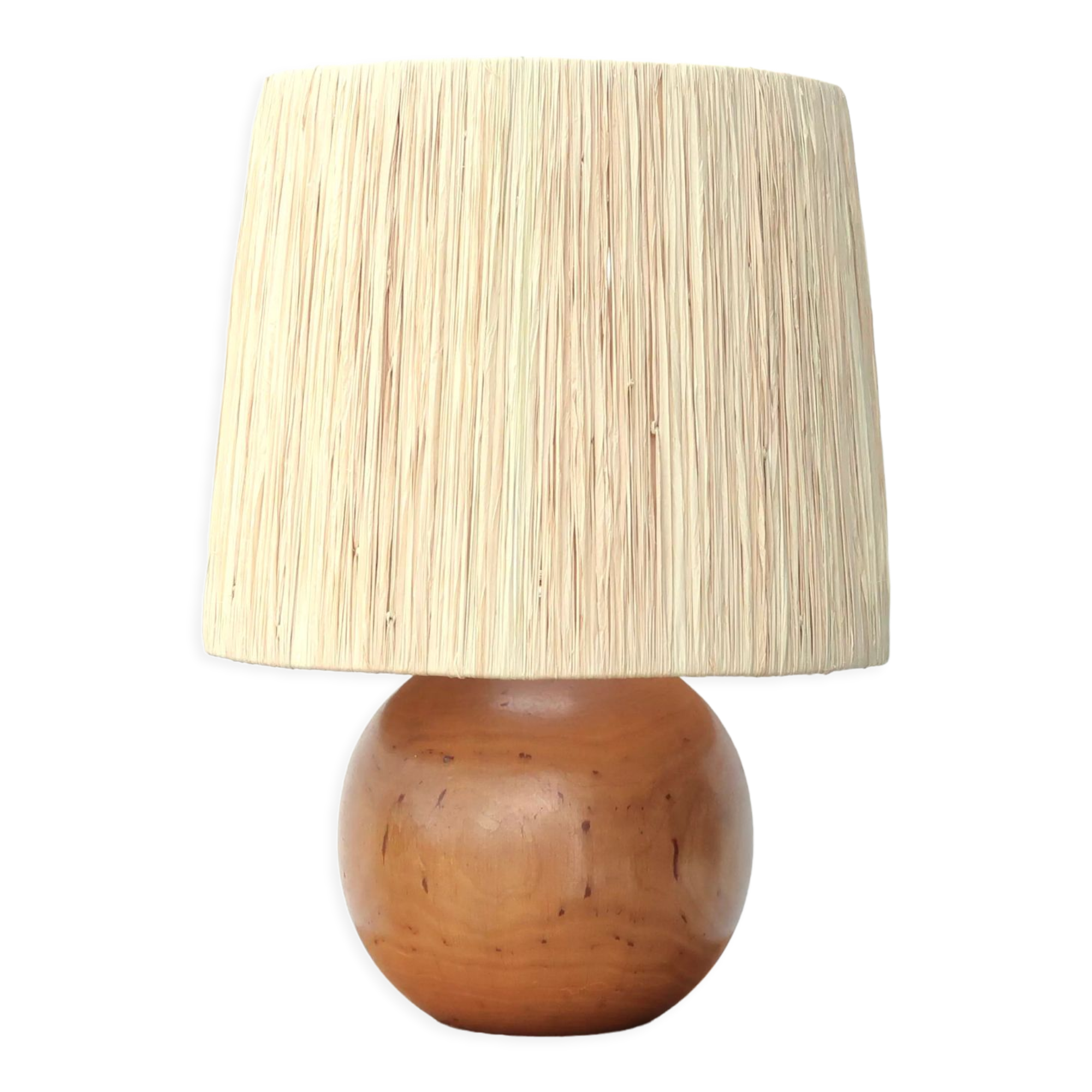 Wooden ball lamp with raffia lampshade 70s