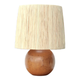 Wooden ball lamp with raffia lampshade 70s