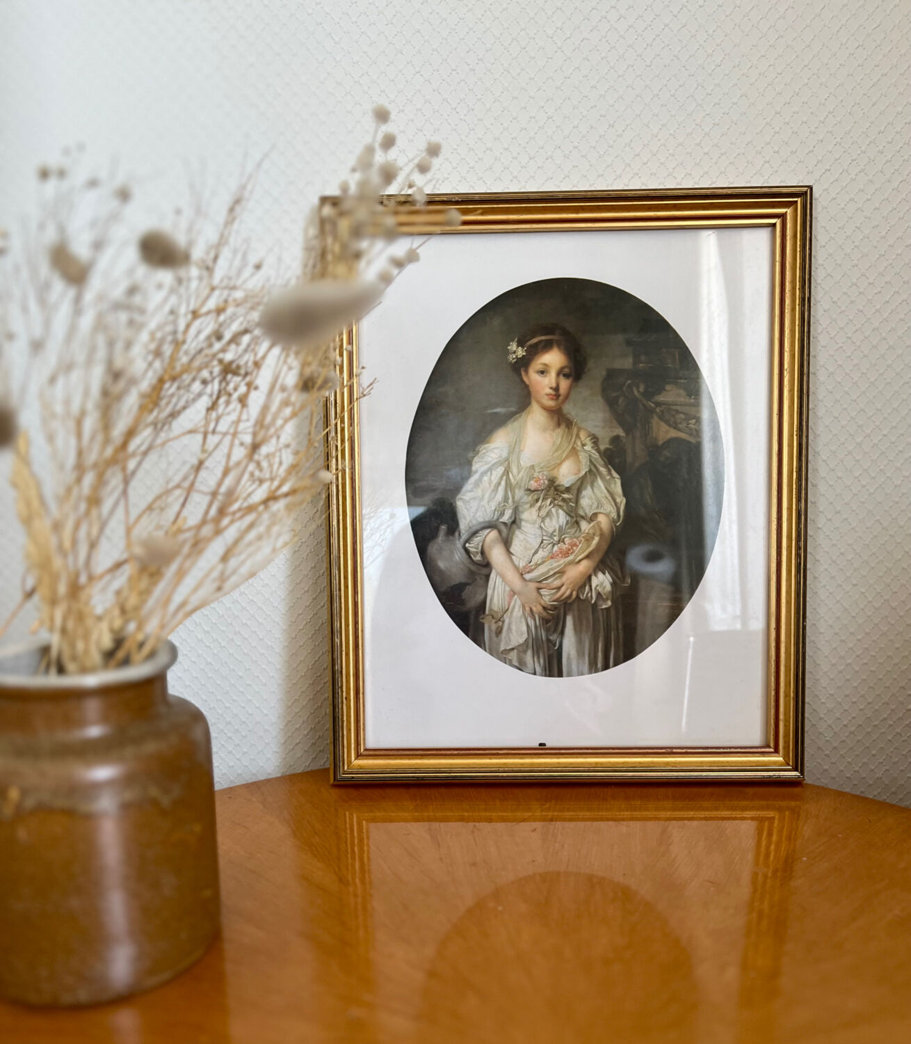 Framed antique print of the broken jug of J.B Greuze