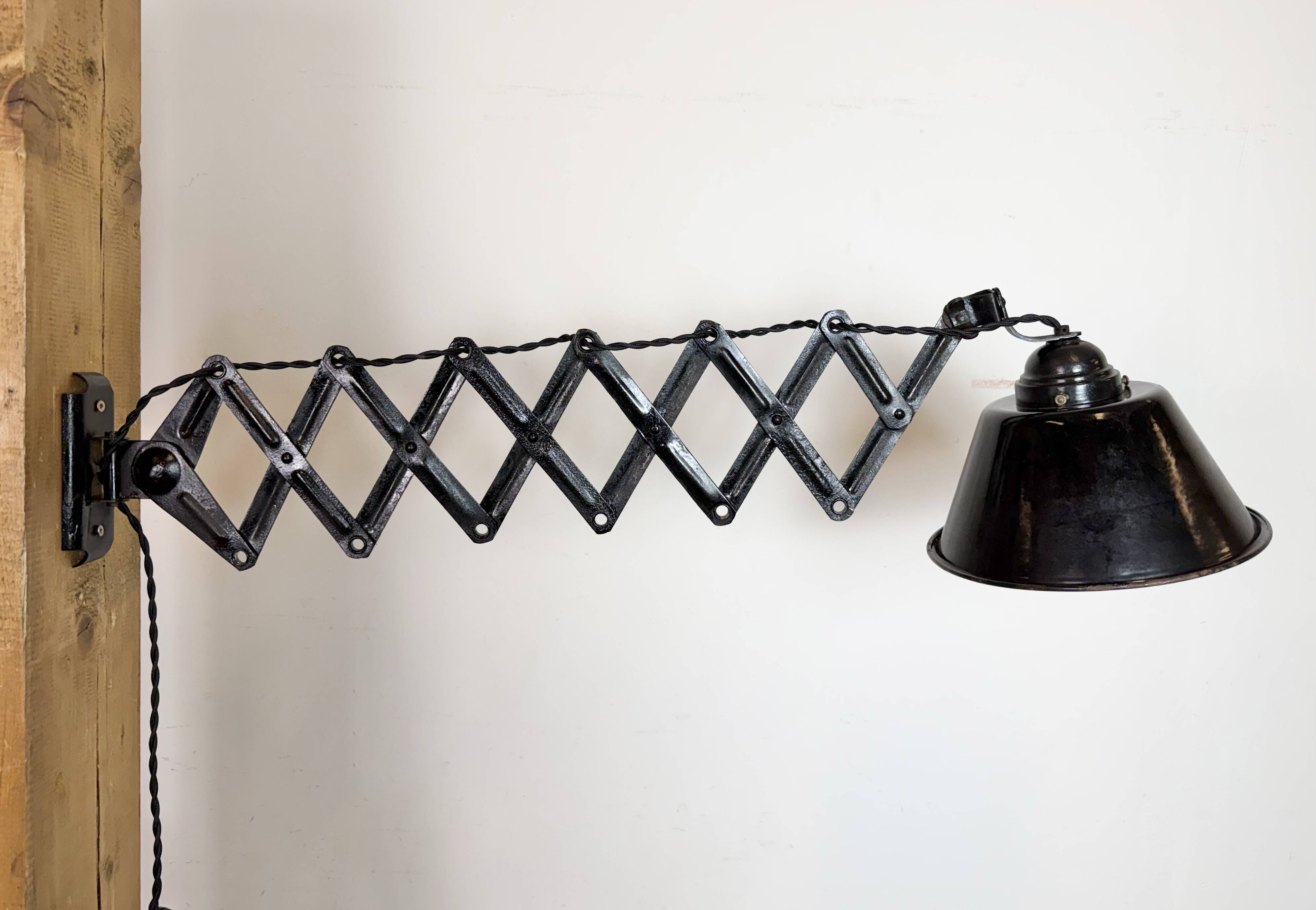 Industrial Black Enamel Scissor Wall Lamp, 1930s