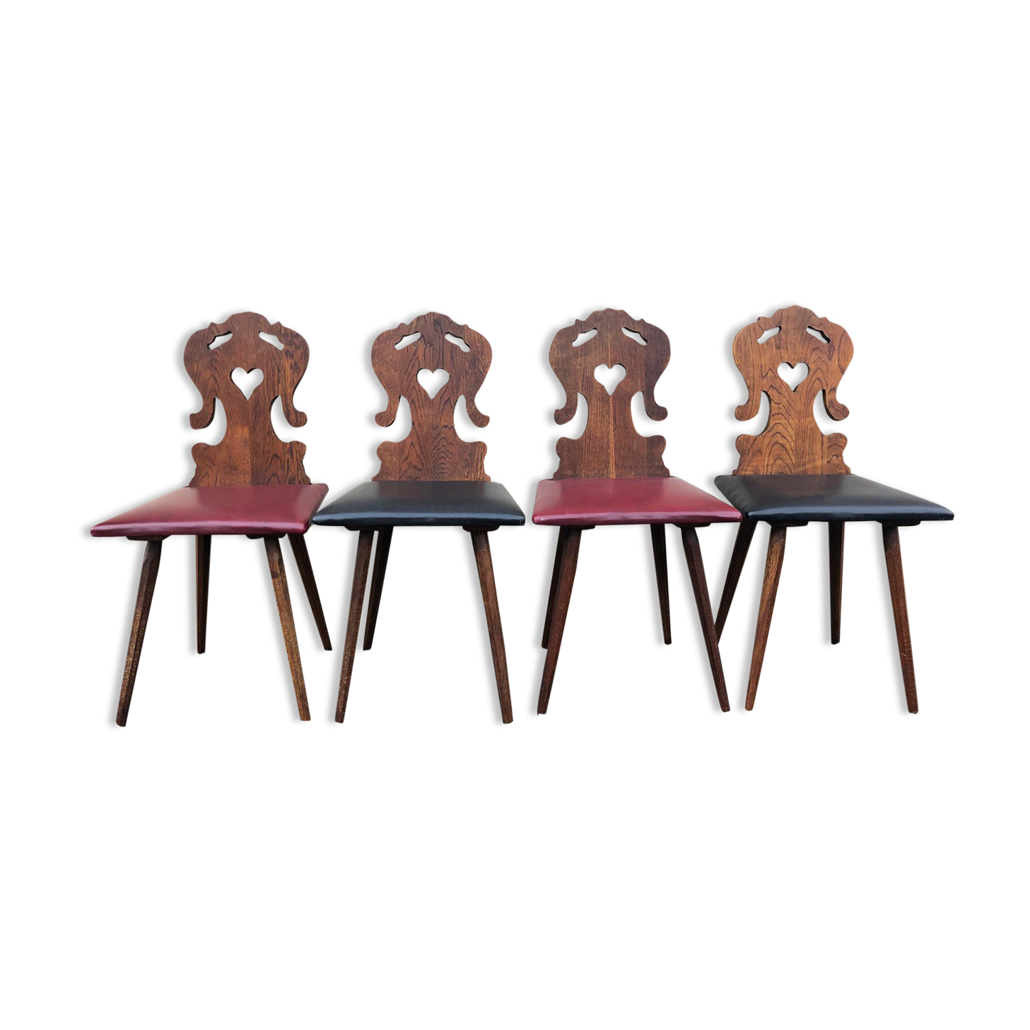 Set of 4 Alsatian chairs, wooden and skaï chair, carved wood, folk art, kitchen, living room, chalet