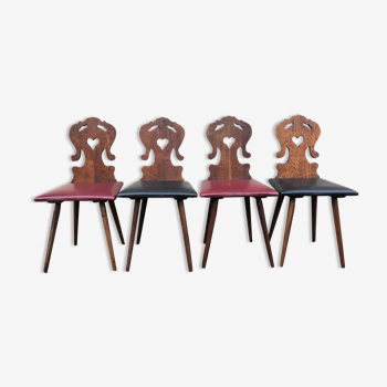 Lot de 4 chaises alsacienne bois et skaï bois sculpté art populaire, cuisine,salon, chalet