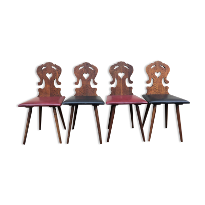 Lot de 4 chaises alsacienne bois et skaï bois sculpté art populaire, cuisine,salon, chalet