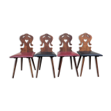 Set of 4 Alsatian chairs, wooden and skaï chair, carved wood, folk art, kitchen, living room, chalet