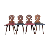 Lot de 4 chaises alsacienne bois et skaï bois sculpté art populaire, cuisine,salon, chalet