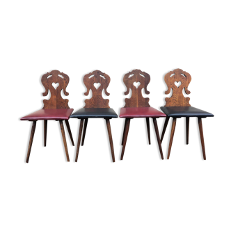 Set of 4 Alsatian chairs, wooden and skaï chair, carved wood, folk art, kitchen, living room, chalet