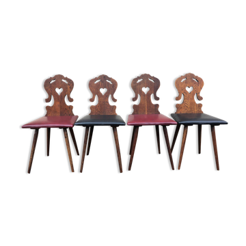 Set of 4 Alsatian chairs, wooden and skaï chair, carved wood, folk art, kitchen, living room, chalet