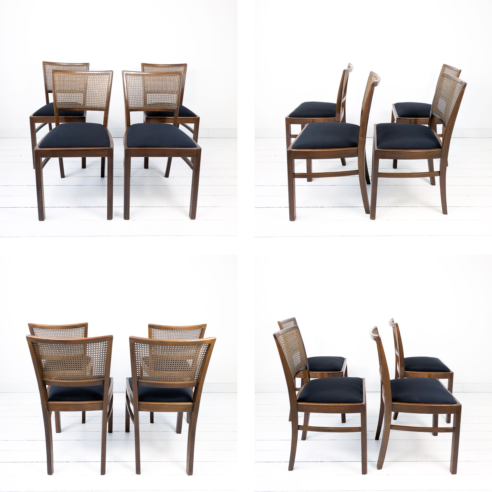 Lot de 4 chaises vintage en bois, cannage viennois et assise noire