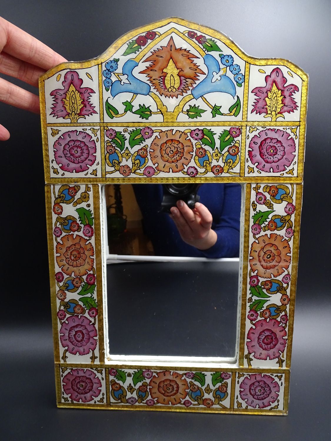 Miroir iranien en verre et peinture sous verre