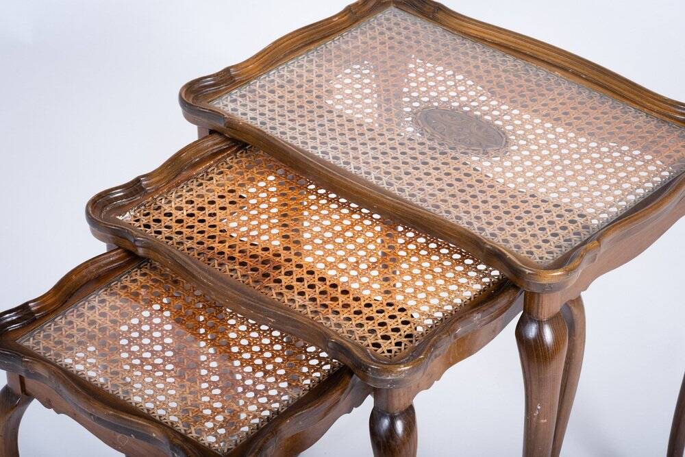 Vintage Nesting Tables with Rattan and Glass Top by Jason Møbler, 1960s, Set of 3
