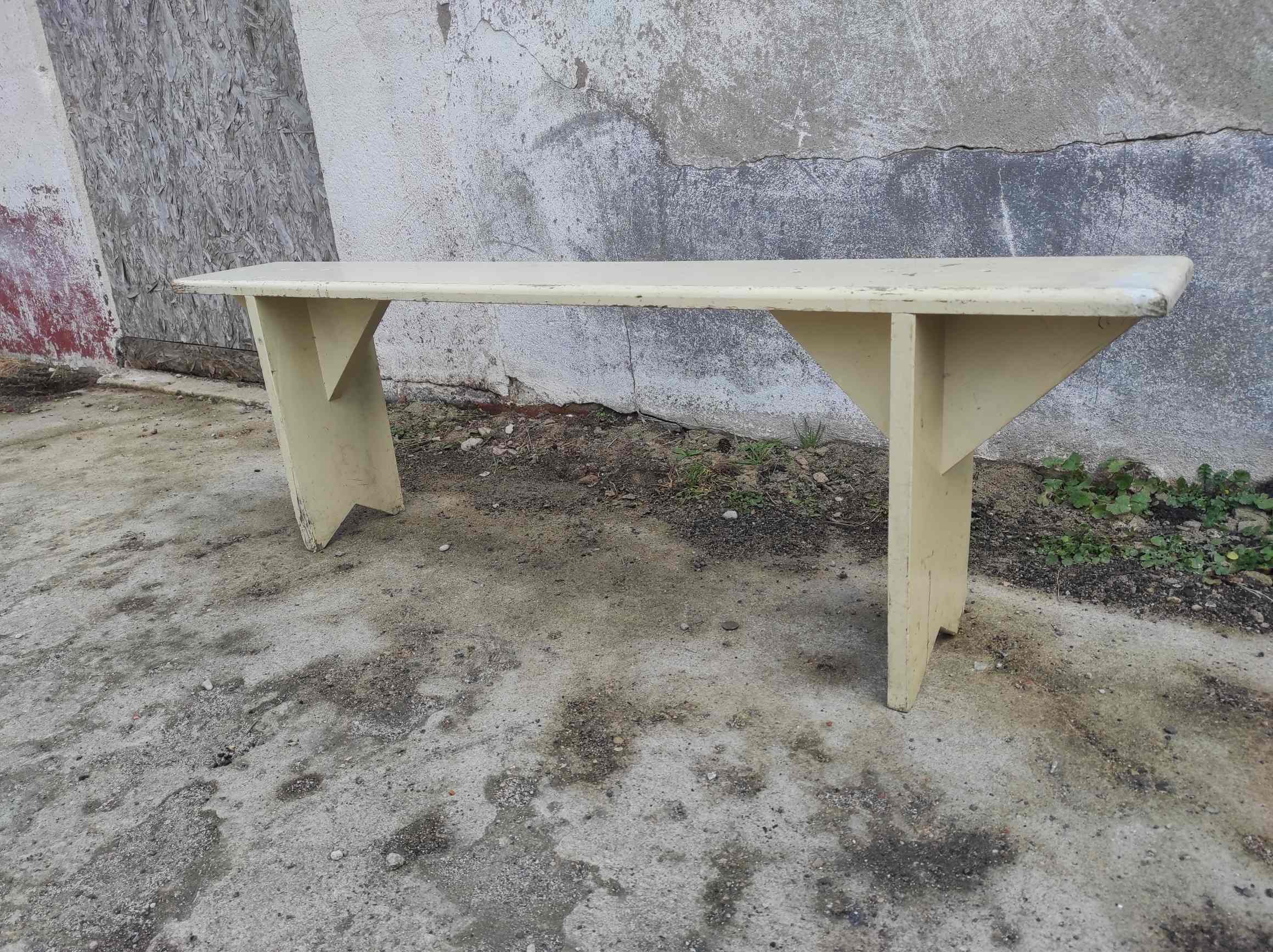 Old wooden farm bench vintage white fir industrial cloakroom