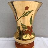 Vase verrerie d’art beaulieu verre peint doré avec décor fleurs vintage