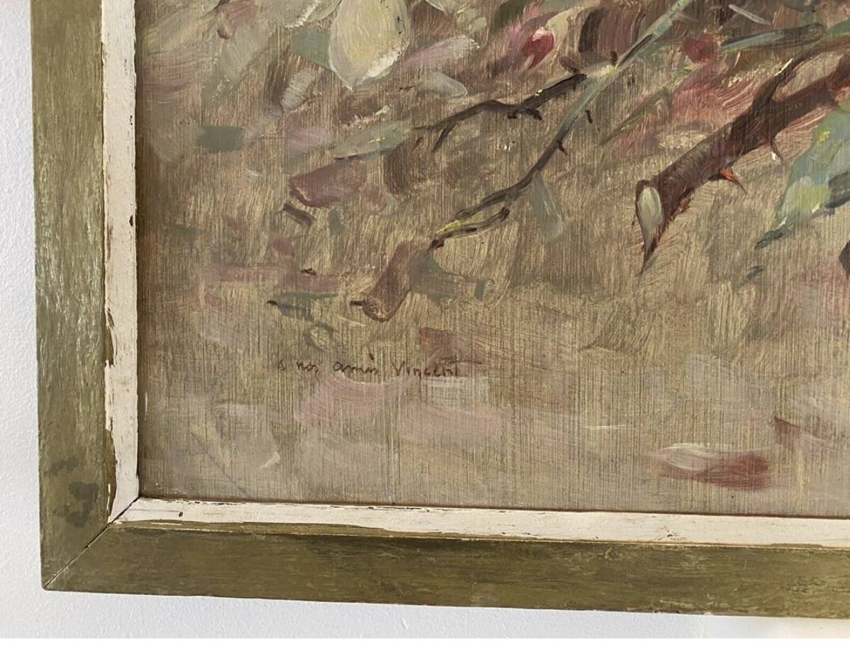 Oil painting on panel of a bouquet of roses signed by Paul Fauvelles 1943.