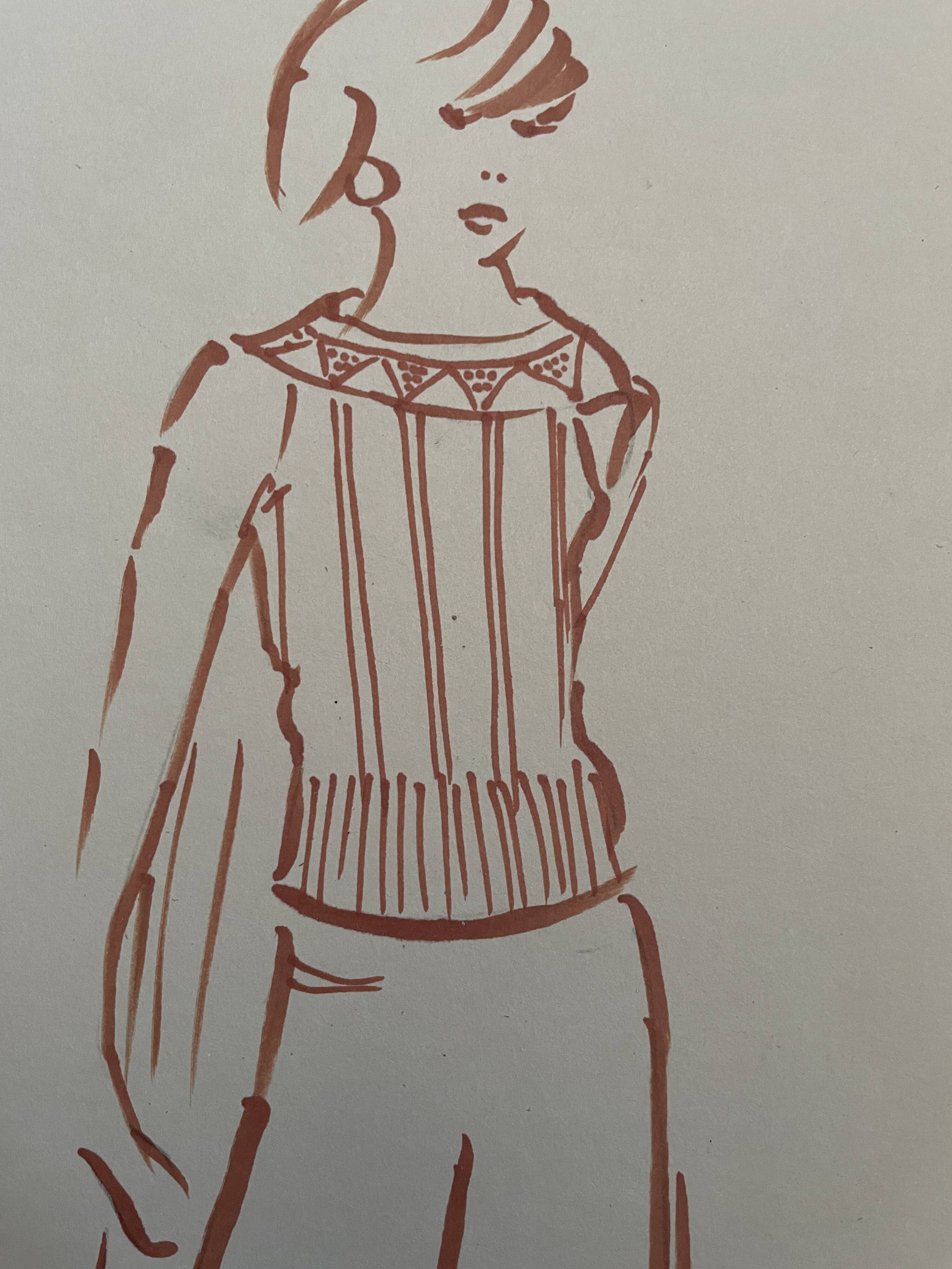 Painting signed in ink fashion engraving "study of a woman's sweater model"