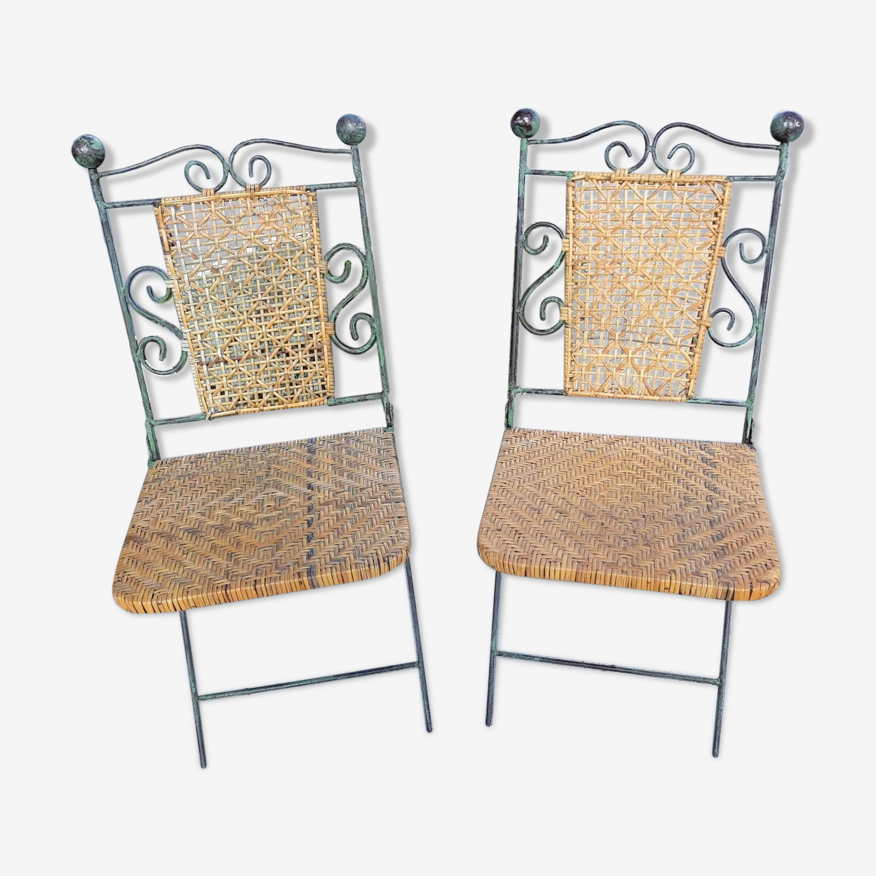 Paire de chaises pliables en fer forgé et rotin | Selency