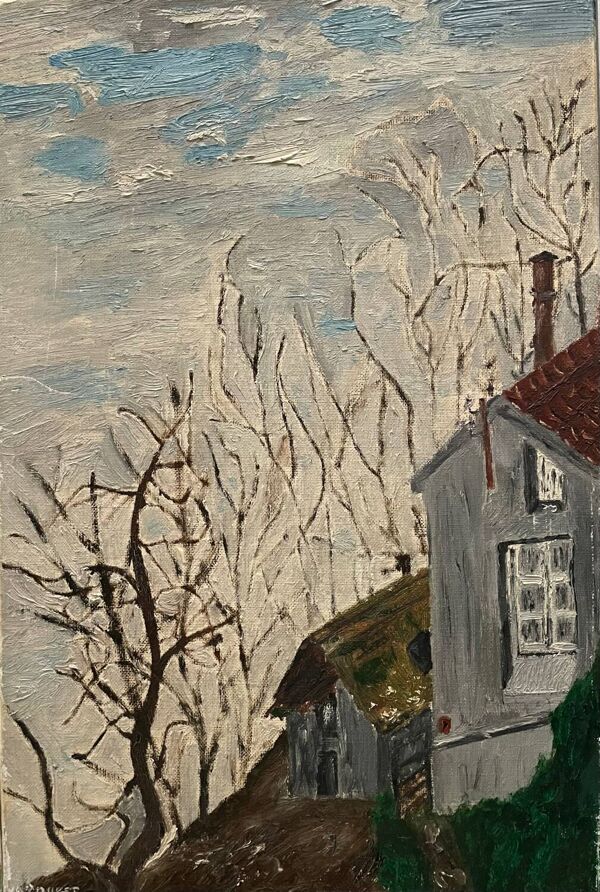 Tableau paysage représentant des maisons Coupet 1971