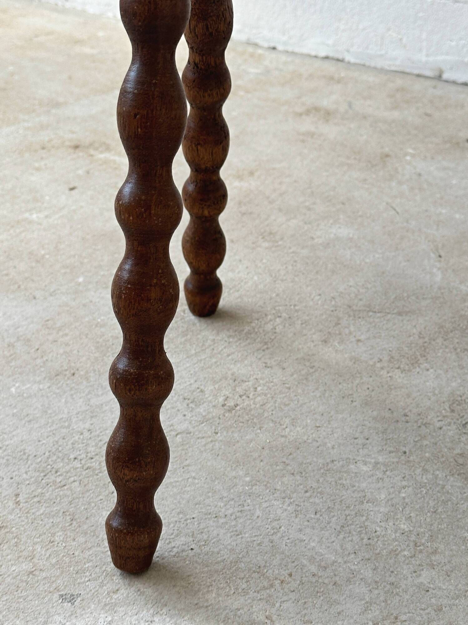 2 antique solid wood stools with turned legs