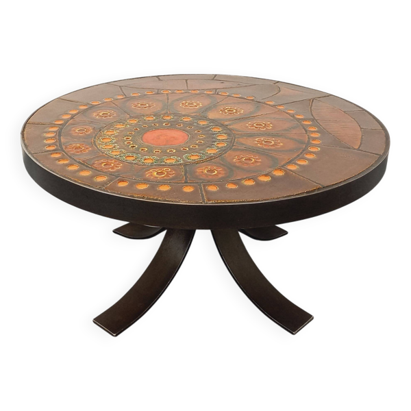 Table basse ronde vintage des années 60 70 de Raymond Corroyez en céramique