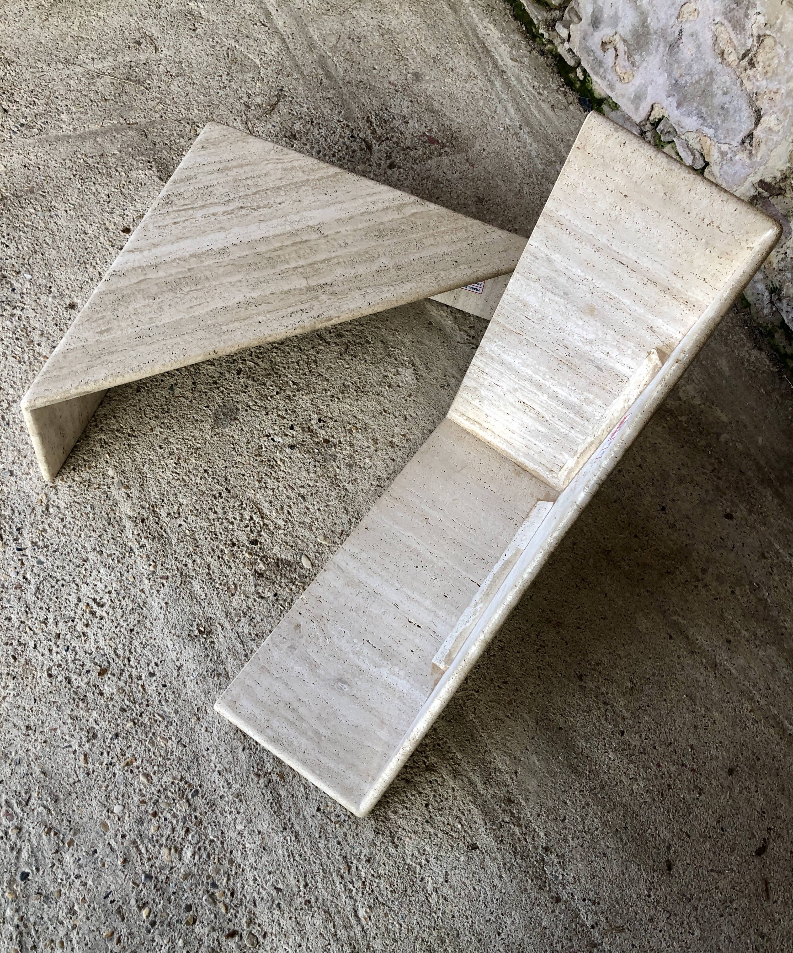Pair of triangular coffee tables in travertine, Italy circa 70 / 80