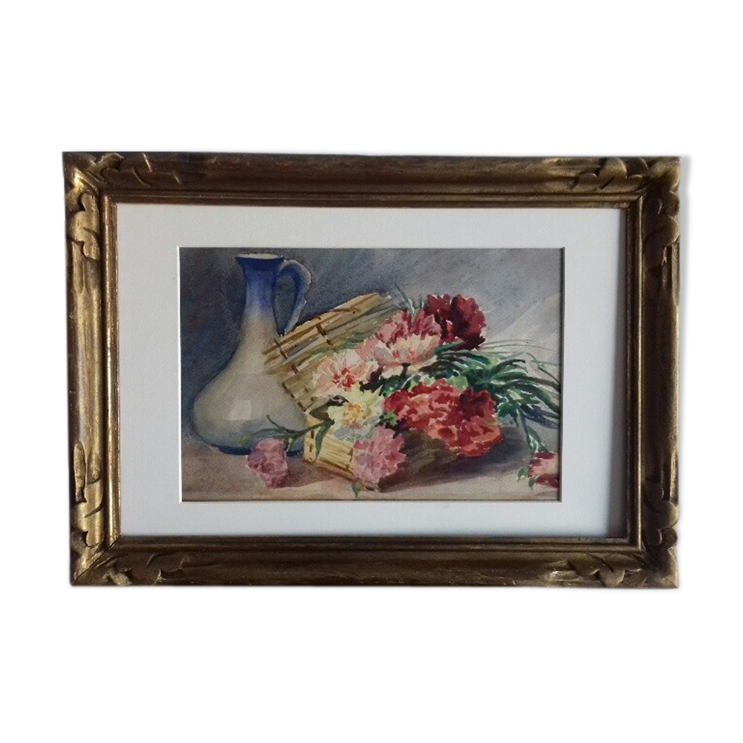 Ancient watercolor with flower basket and pitcher