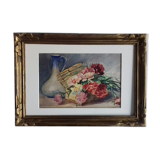 Aquarelle ancienne avec panier fleuri et pichet