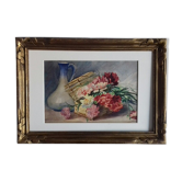Ancient watercolor with flower basket and pitcher