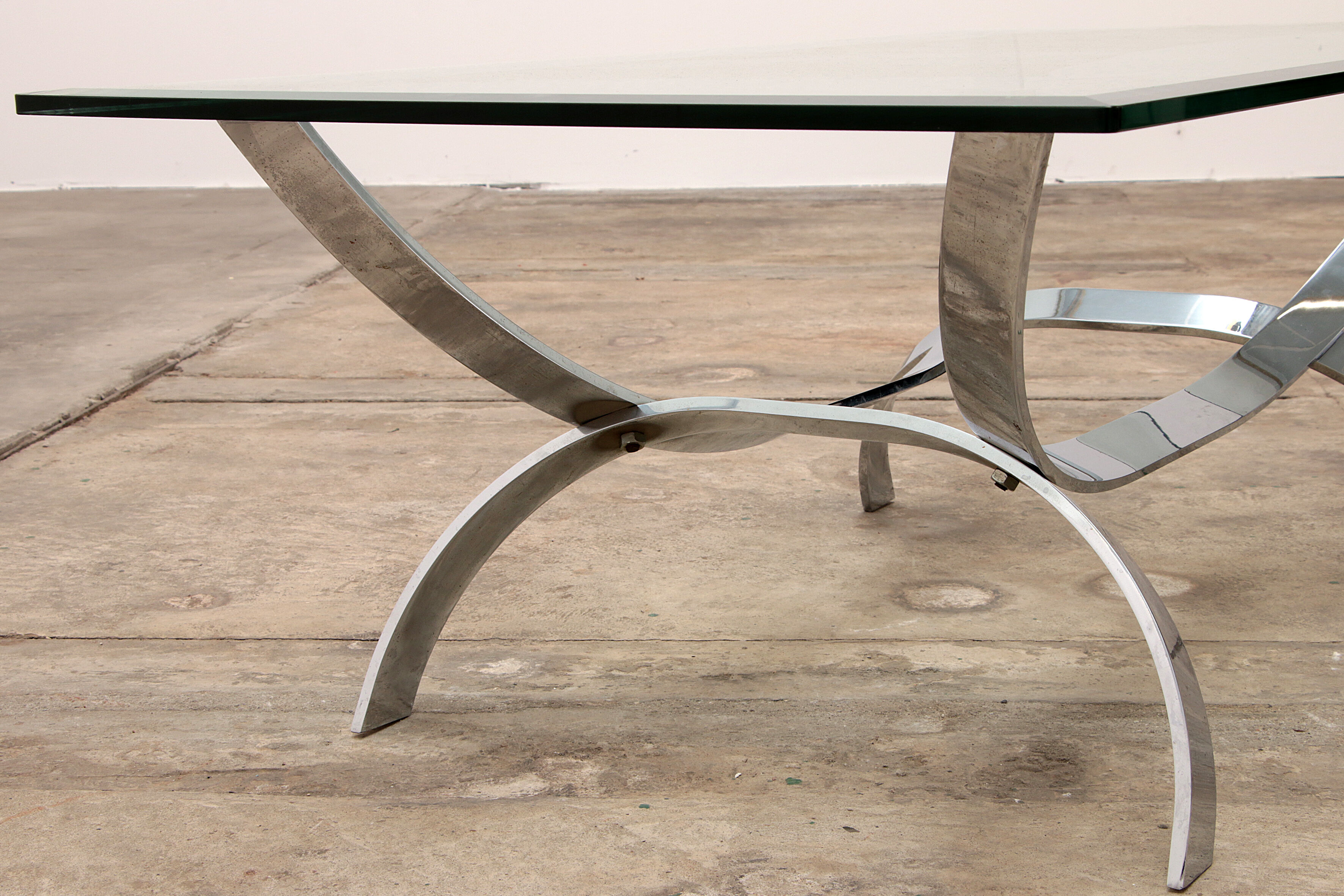 Space age chrome coffee table with thick glass top 1970