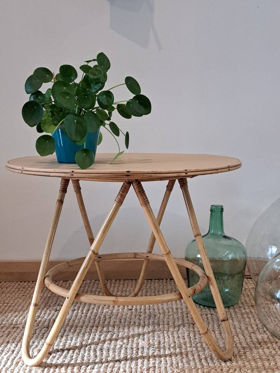 Vintage round bamboo and rattan table