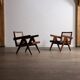 Chaises longues Pierre Jeanneret PJ-SI-29-A en teck et en rotin, années 1950.