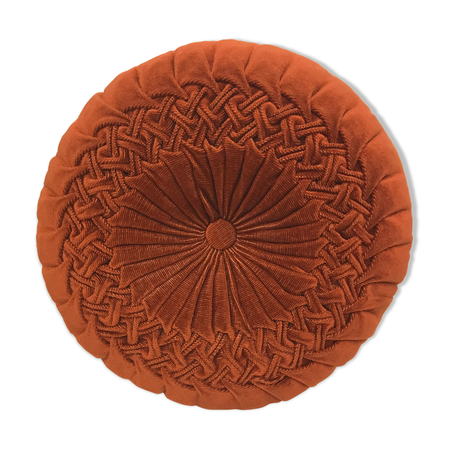Round pleated cushion in vintage orange brown ribbed velvet