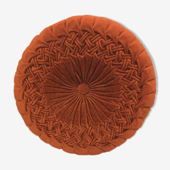 Round pleated cushion in vintage orange brown ribbed velvet