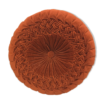 Round pleated cushion in vintage orange brown ribbed velvet