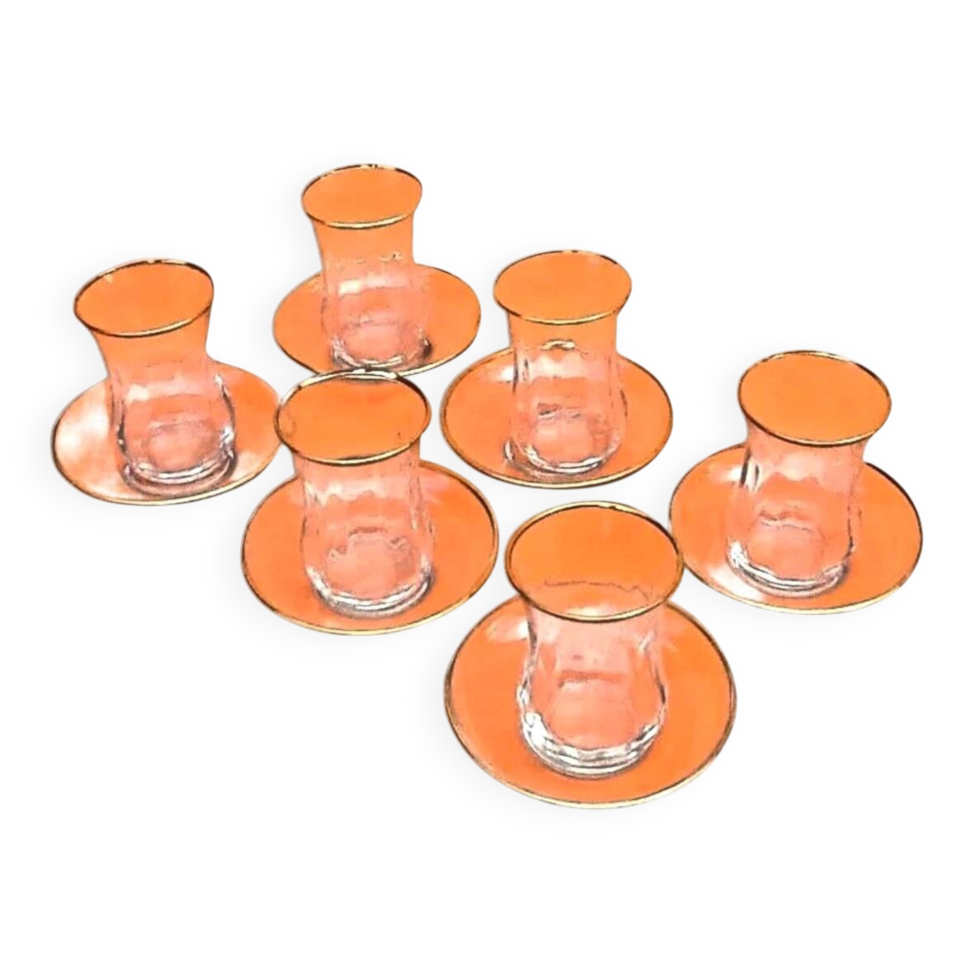 Tea service for 6 glasses / 6 saucers, transparent glass with gilding.