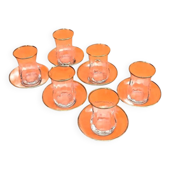 Tea service for 6 glasses / 6 saucers, transparent glass with gilding.