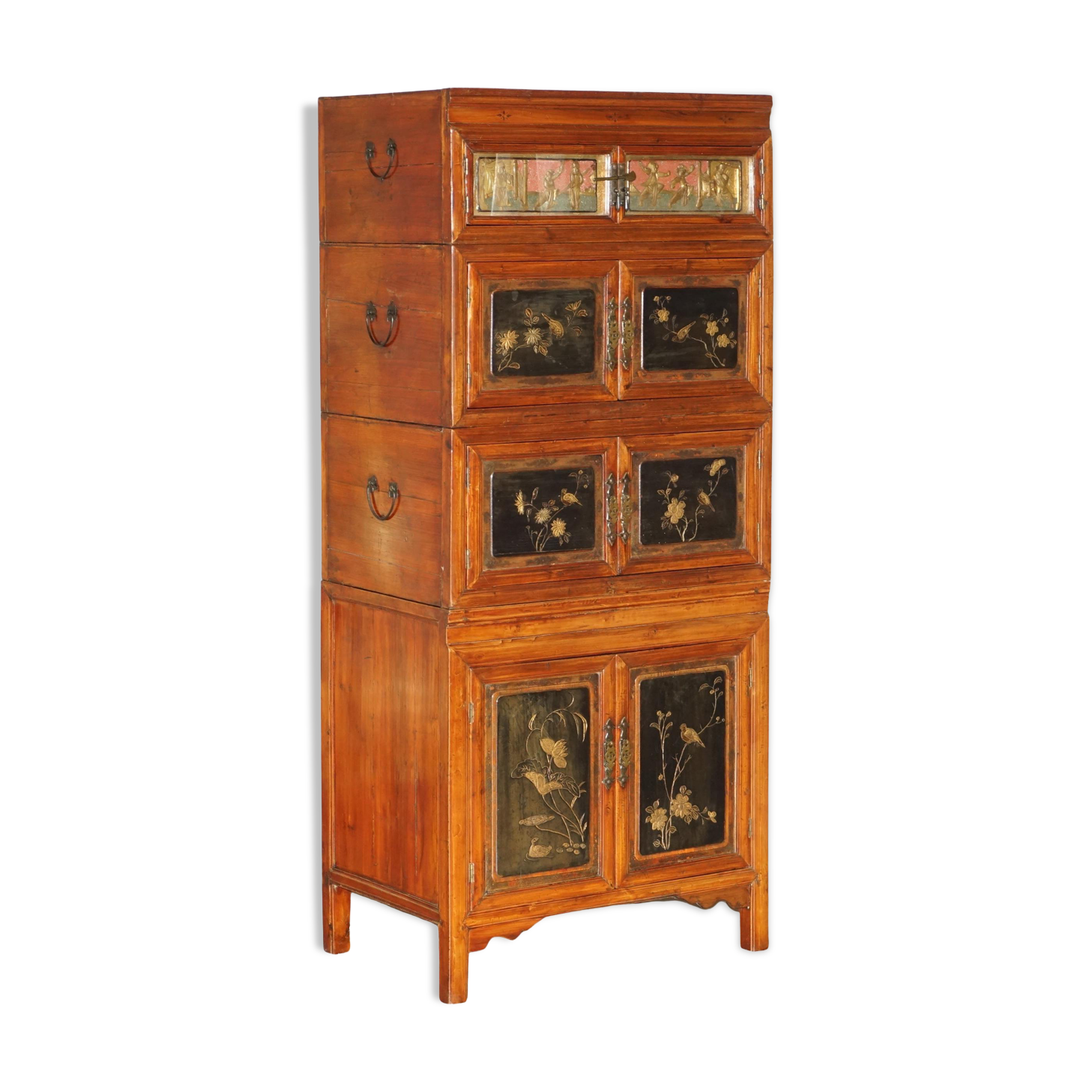 Antique Chinese armoire hand-carved around 1880 with country-style handles.