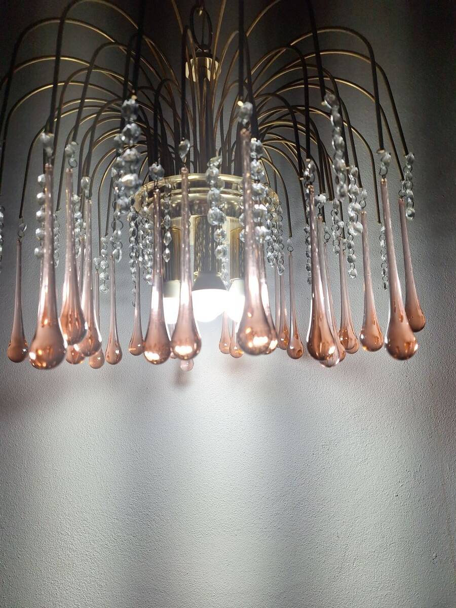 Lustre en cascade de grande taille en verre de Murano rose