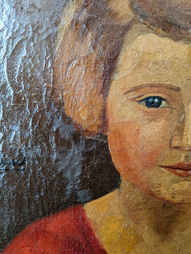 Oil on canvas gilded wooden frame old portrait of a young girl classic