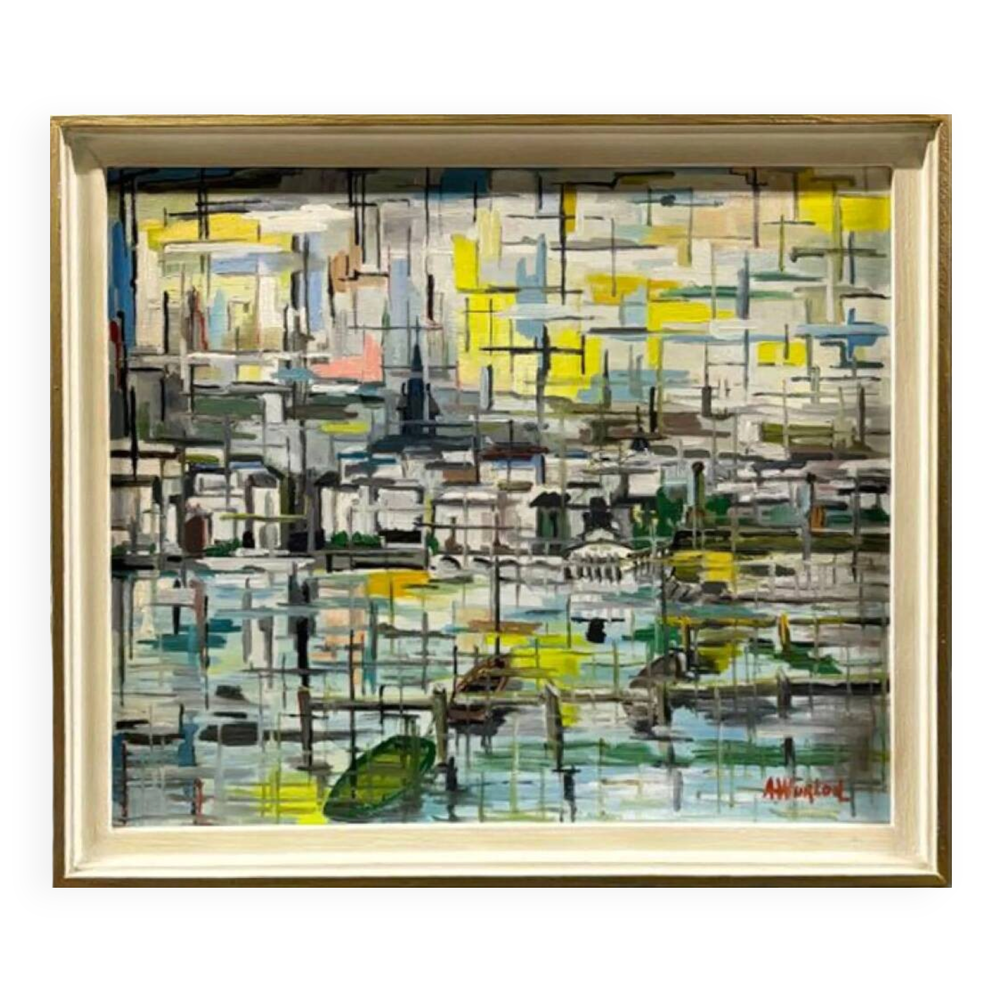 Large oil on canvas a. wurlod view of a port