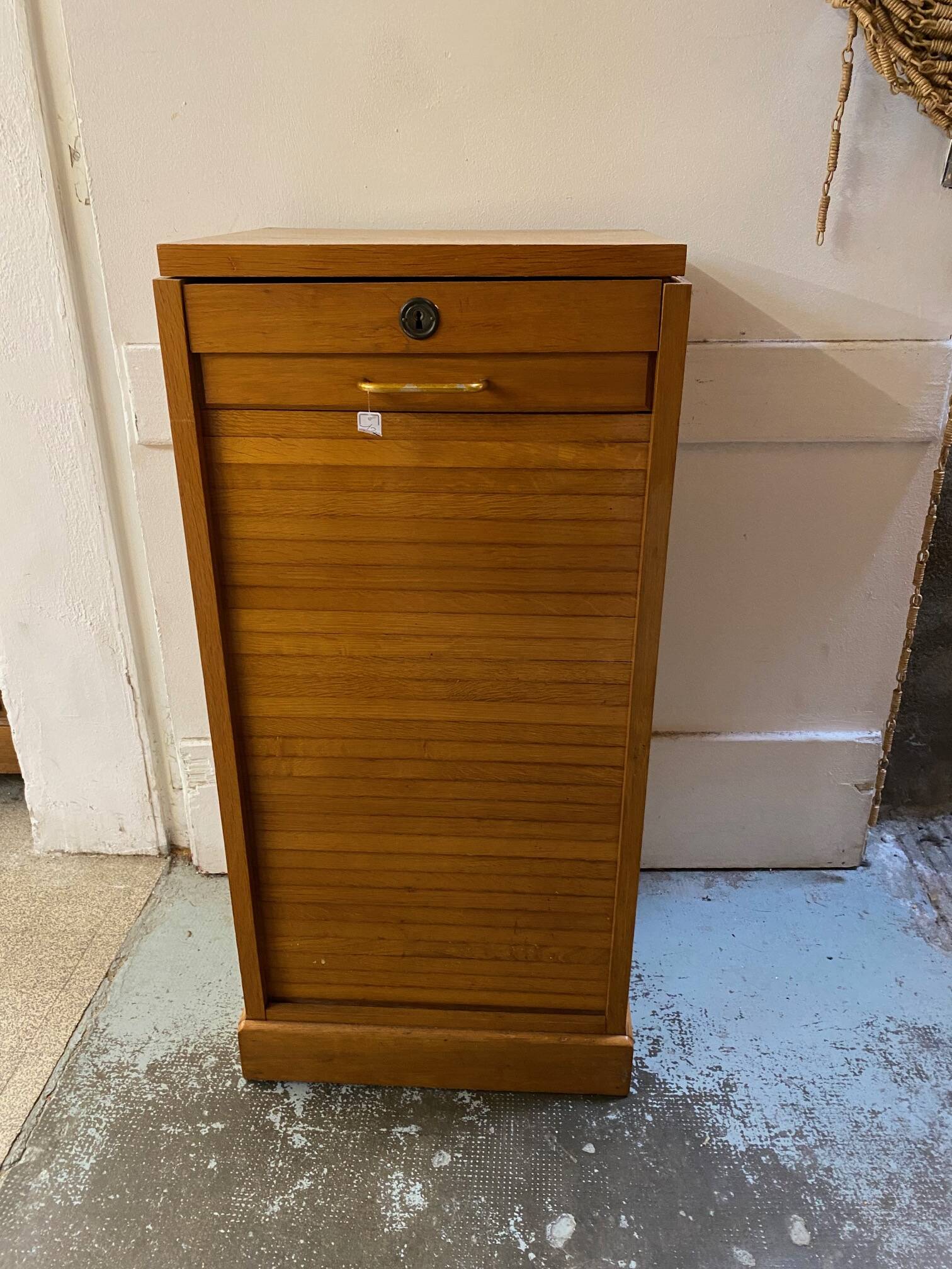 50s/60s light oak curtain filing cabinet low model with removable shelves