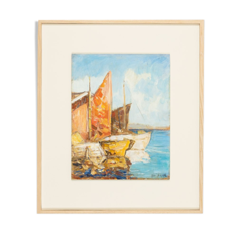 Bateaux de pêche à Venise, Huile sur plaque, 56 x 65 cm