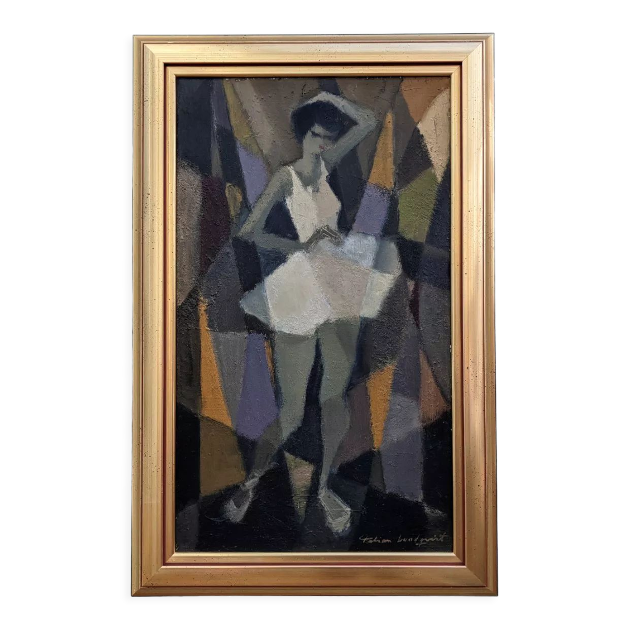 Mid-Century Modern Swedish Figurative Framed Oil Painting, "Cubist Dancer"