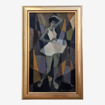 Mid-Century Modern Swedish Figurative Framed Oil Painting, "Cubist Dancer"