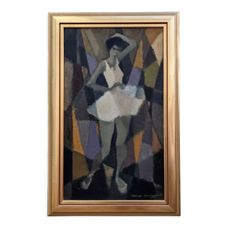 Mid-Century Modern Swedish Figurative Framed Oil Painting, "Cubist Dancer"