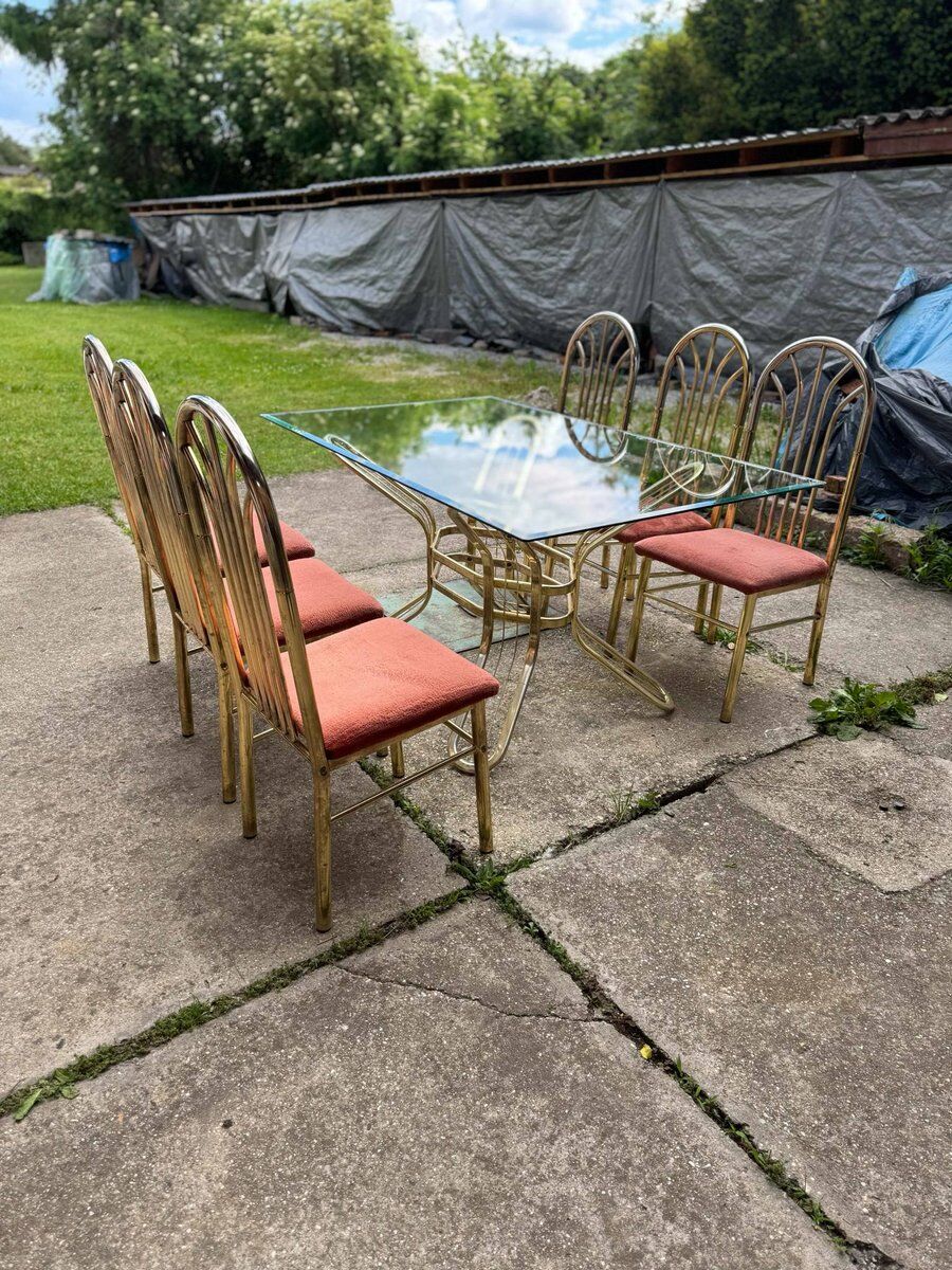 Italian brass dining table and chairs, 1970s, set of 7