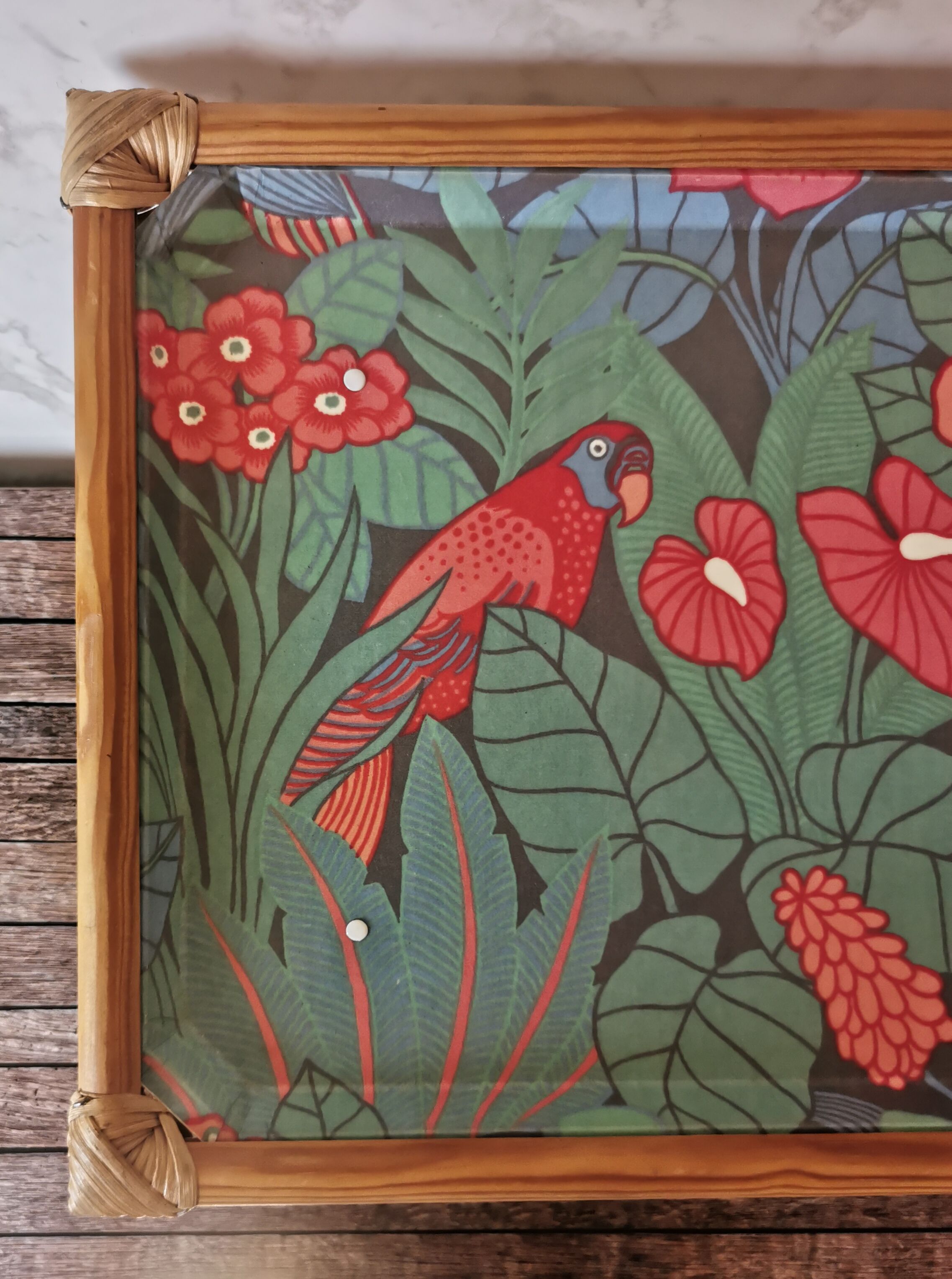 Folding tray parrots and flowers fiber and rattan