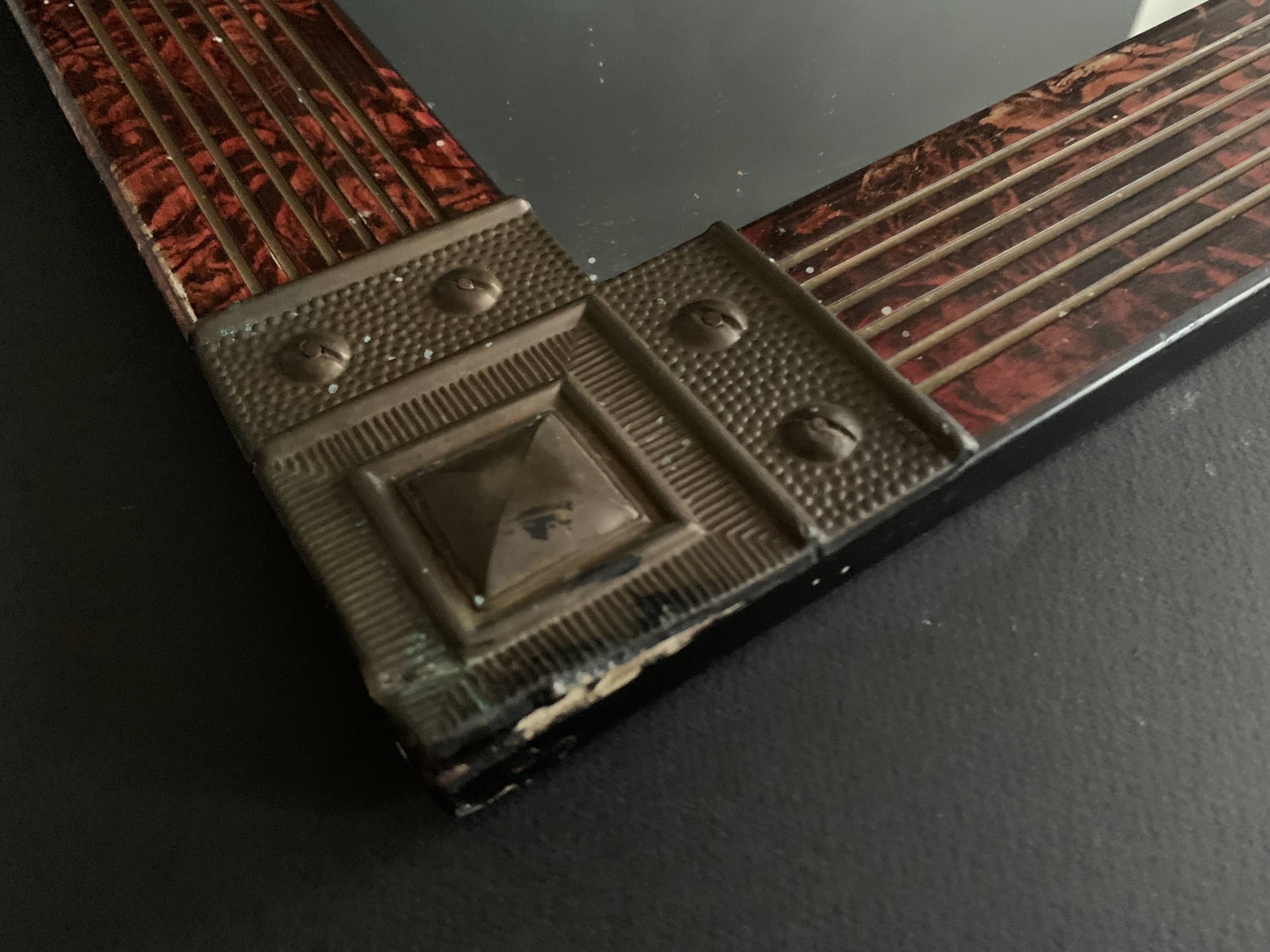 Hand painted art nouveau mirror decorated with chiseled brass, french mercury mirror from the 1920s