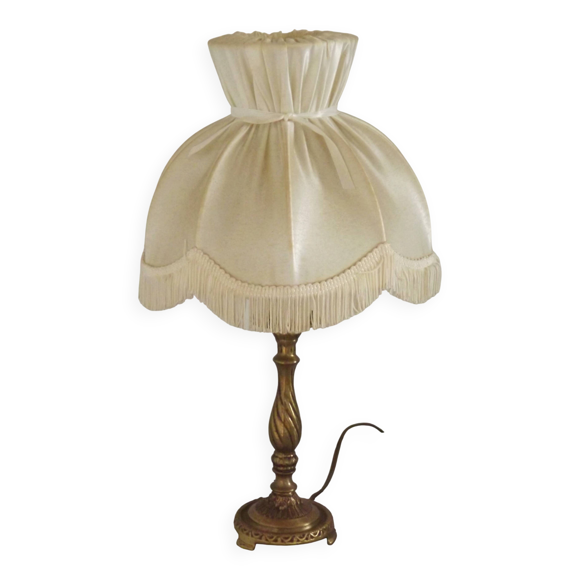 French Vintage Brass Table Lamp With Cream Fringed Shade 5567